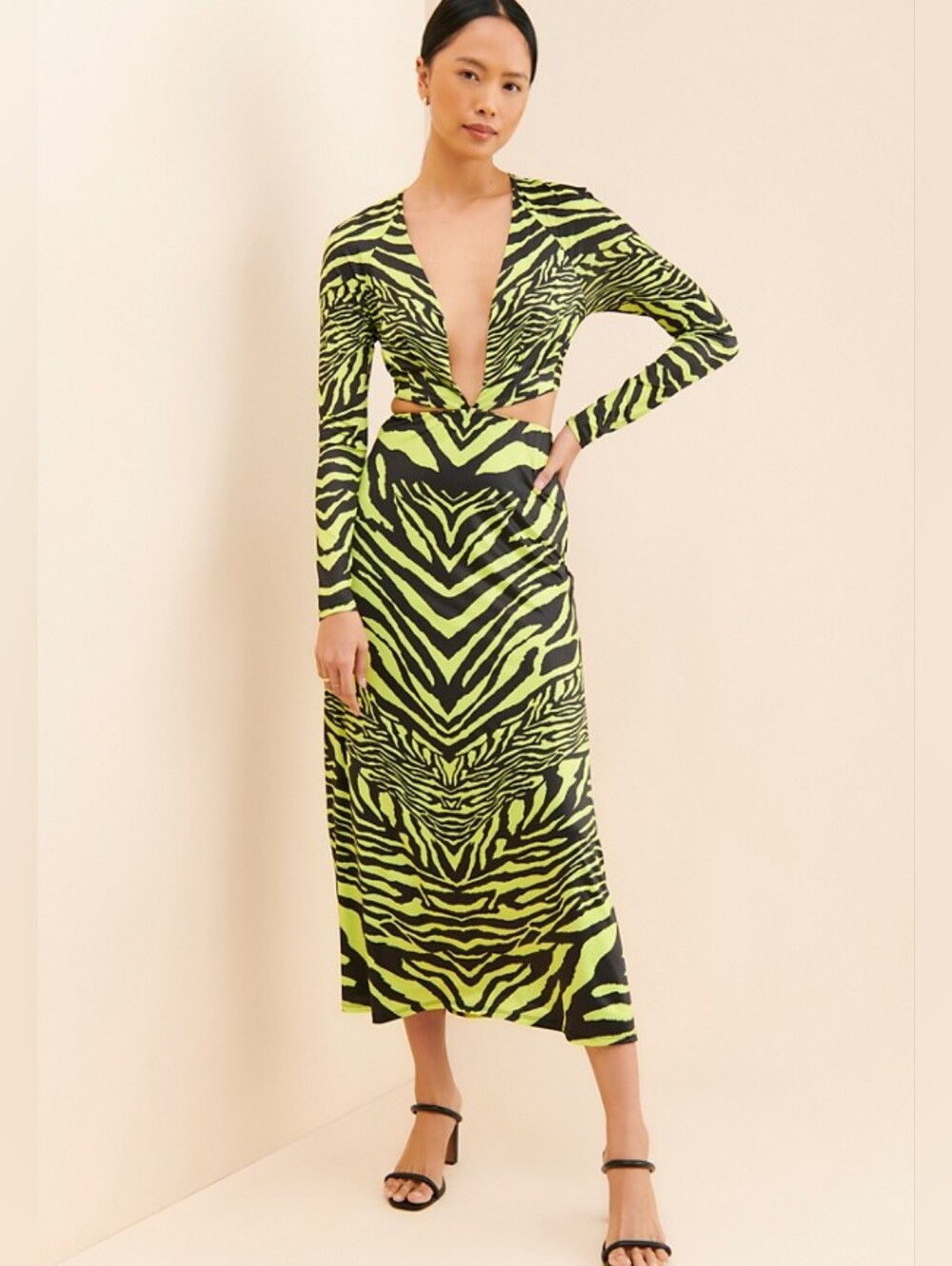 AFRM Assi Cutout Midi Dress Neon Green & Black Zebra Print S Long Sleeve Edgy